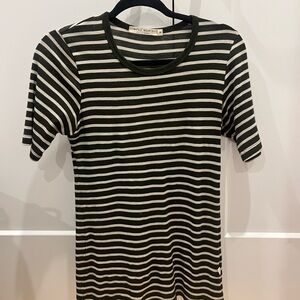 Simply Merino Dark green and Cream Striped Merino Short Sleeve Top
